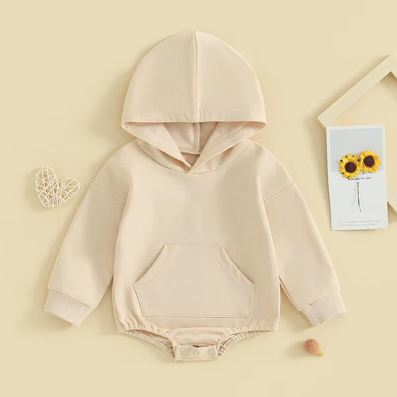 0-24Months Baby Hooded Romper Long Sleeve Front Pocket Solid Color Bodysuit for Newborn Boys and Girls Spring Autumn Playsuit