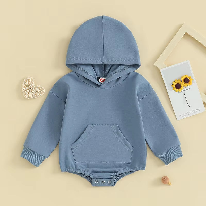 0-24Months Baby Hooded Romper Long Sleeve Front Pocket Solid Color Bodysuit for Newborn Boys and Girls Spring Autumn Playsuit