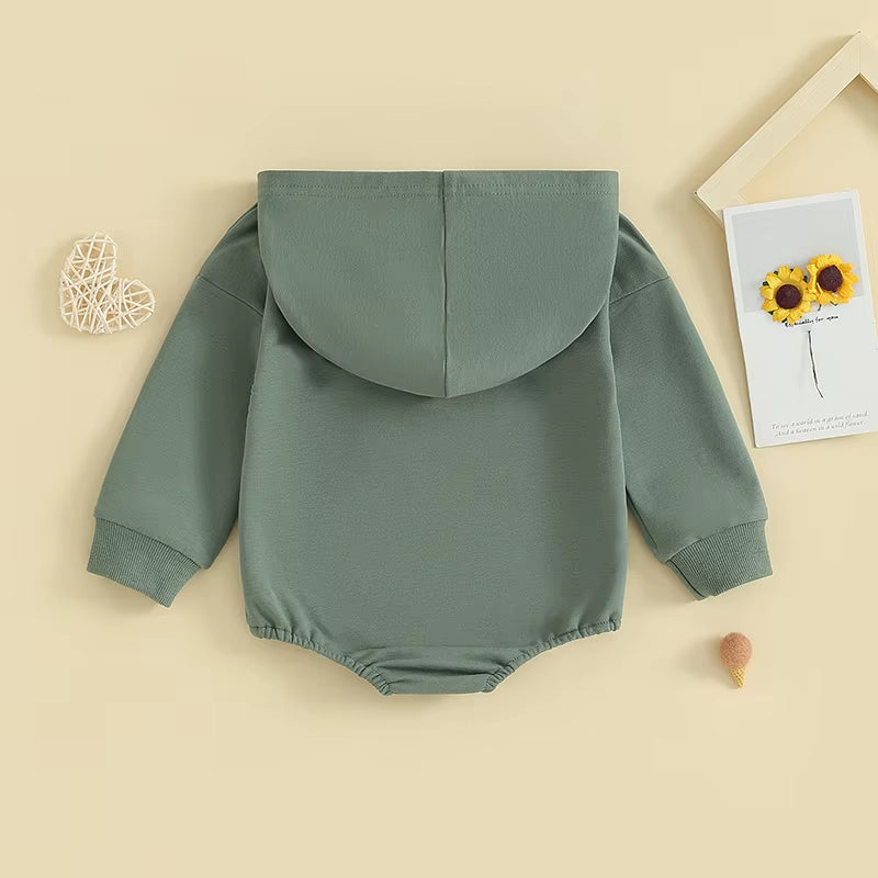 0-24Months Baby Hooded Romper Long Sleeve Front Pocket Solid Color Bodysuit for Newborn Boys and Girls Spring Autumn Playsuit