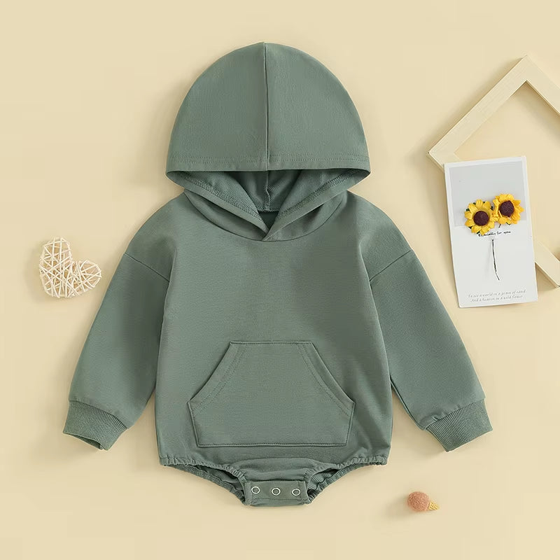 0-24Months Baby Hooded Romper Long Sleeve Front Pocket Solid Color Bodysuit for Newborn Boys and Girls Spring Autumn Playsuit