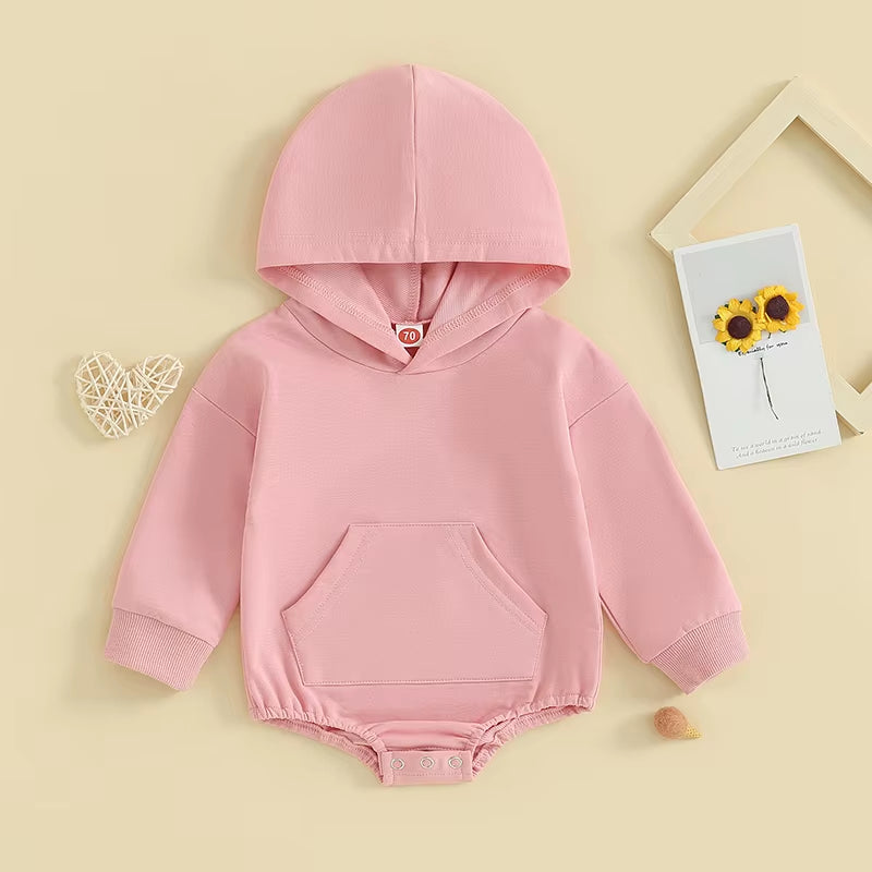 0-24Months Baby Hooded Romper Long Sleeve Front Pocket Solid Color Bodysuit for Newborn Boys and Girls Spring Autumn Playsuit