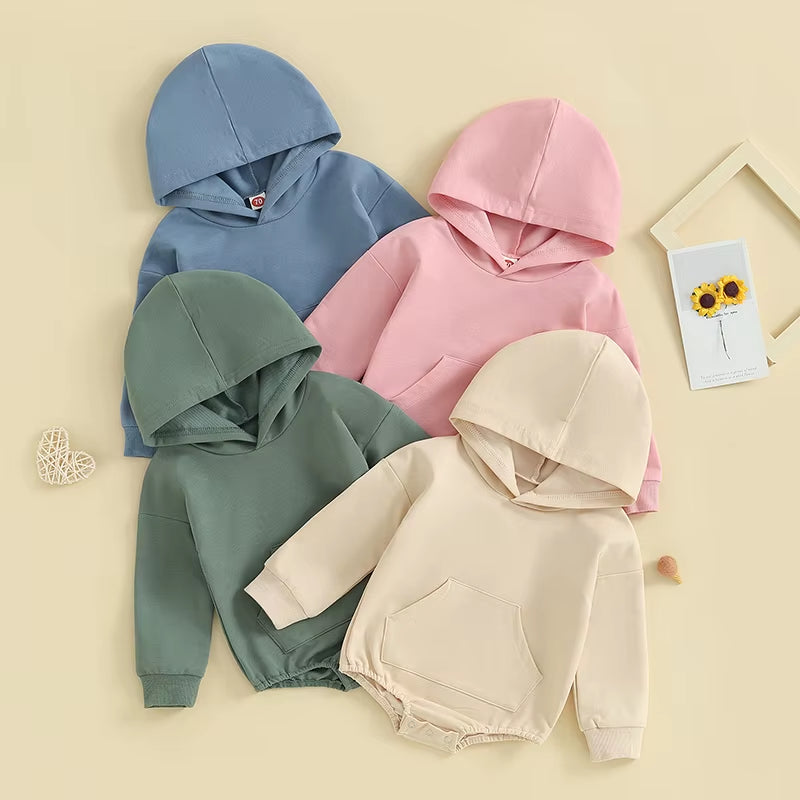 0-24Months Baby Hooded Romper Long Sleeve Front Pocket Solid Color Bodysuit for Newborn Boys and Girls Spring Autumn Playsuit