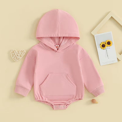 0-24Months Baby Hooded Romper Long Sleeve Front Pocket Solid Color Bodysuit for Newborn Boys and Girls Spring Autumn Playsuit